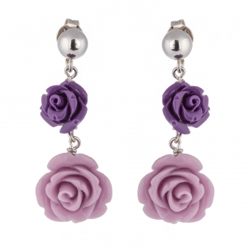 Silver earrings with resin roses rhodium plated.  - Thumb