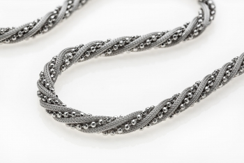 Silver necklace with twisted calza and bead chain rhodium plated  - Thumb